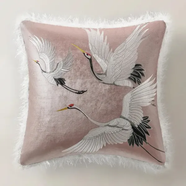 Crane Embroidered Pillow 20" - Dusty Rose
