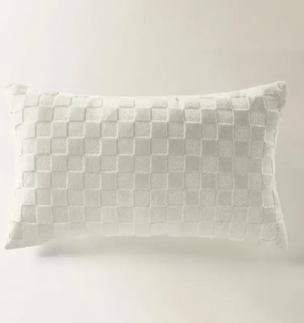 Checker Velvet Lumbar Pillow 22" x 12" - White